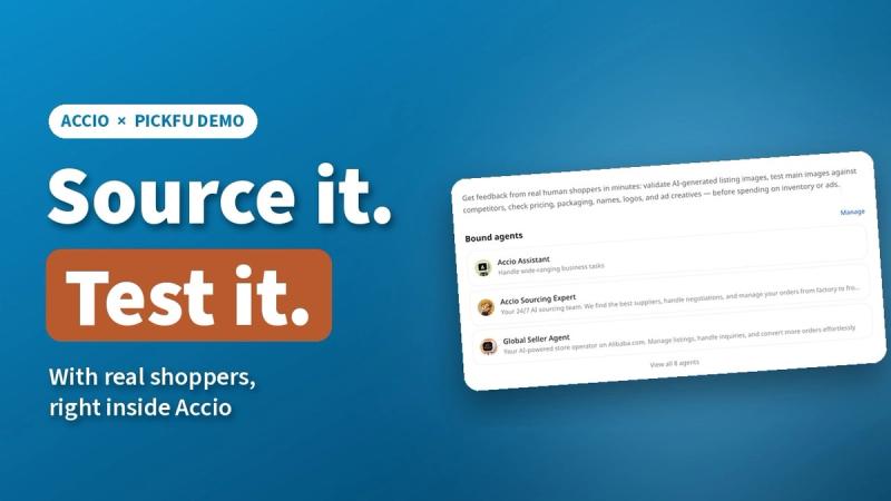 Accio × PickFu demo: source products with AI in Accio, then test them with real shoppers