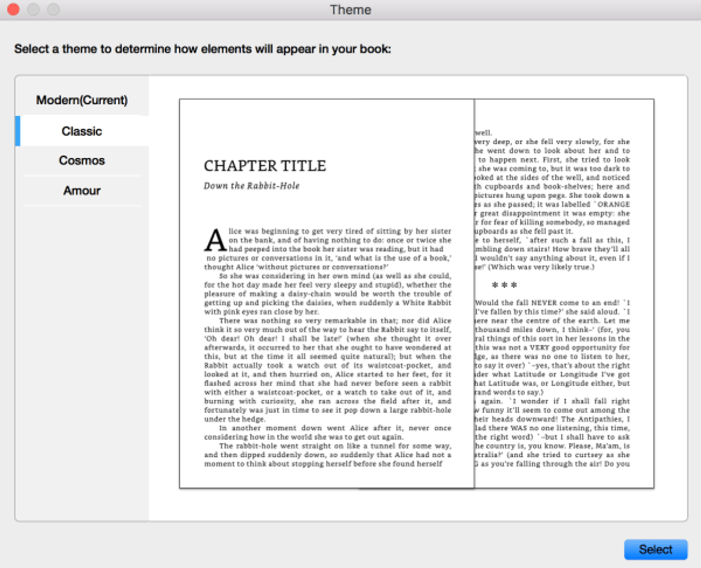 Kindle Create theme picker with the Classic theme selected
