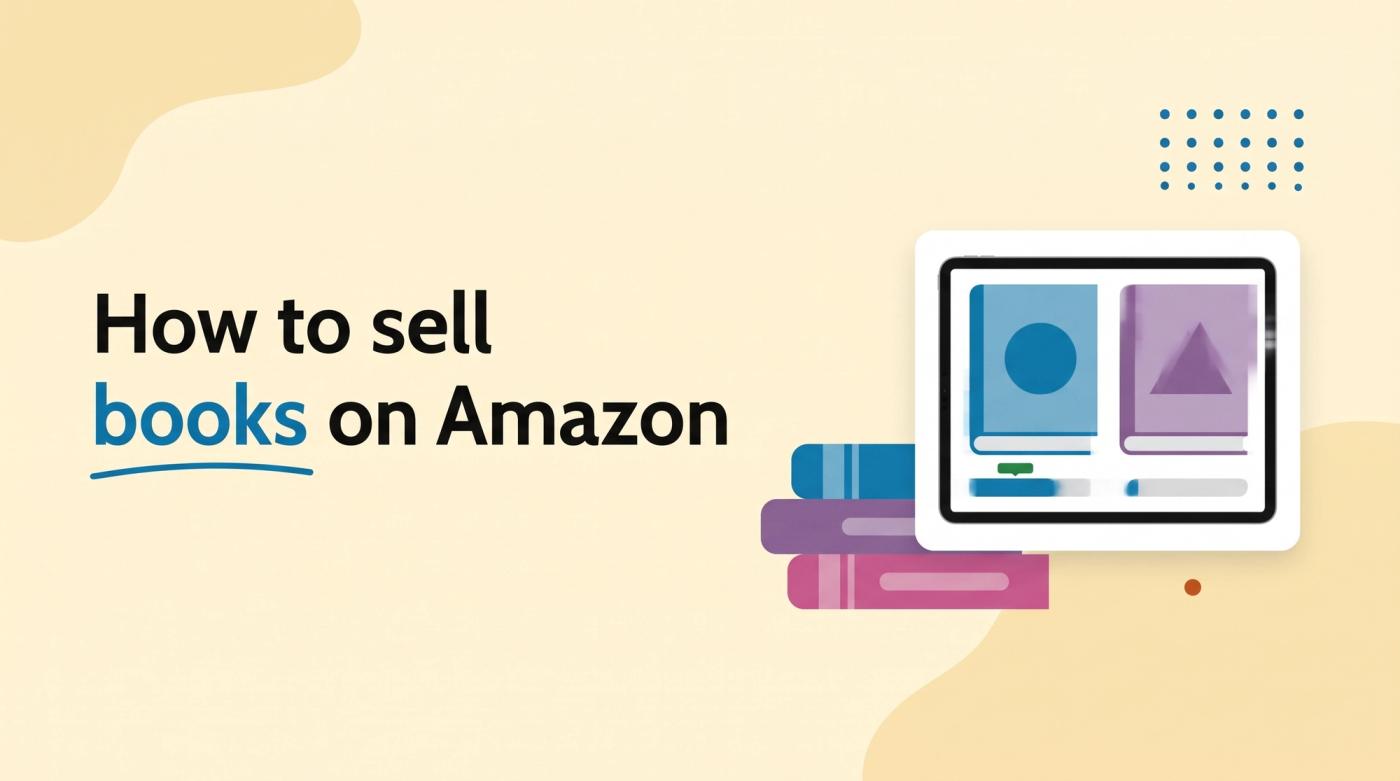 Illustrated title card reading 'How to sell books on Amazon' beside a stack of books and a tablet comparing two book cover designs with vote bars