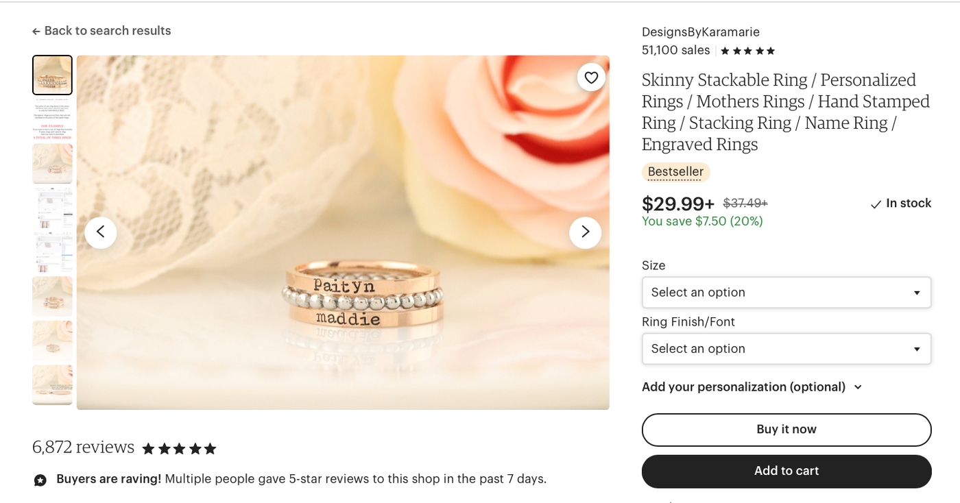An Etsy listing showing stackable, personalized rings.