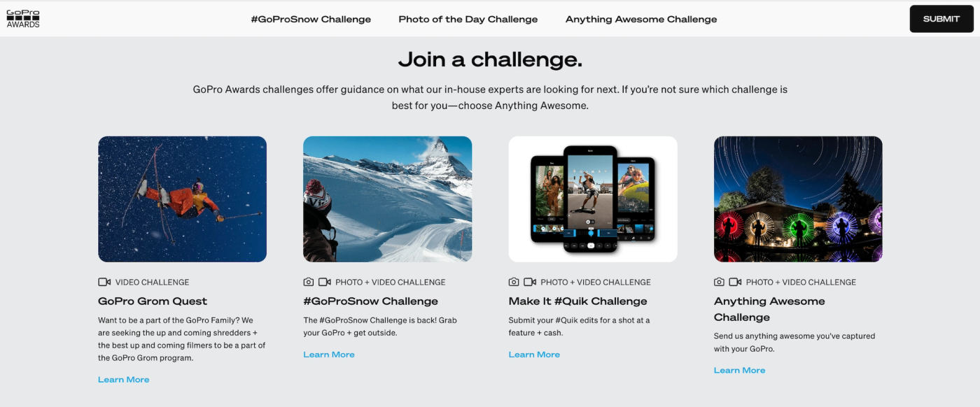 ecommerce marketing tips: GoPro engages its customers through photo and video contests to highlight user-generated content.