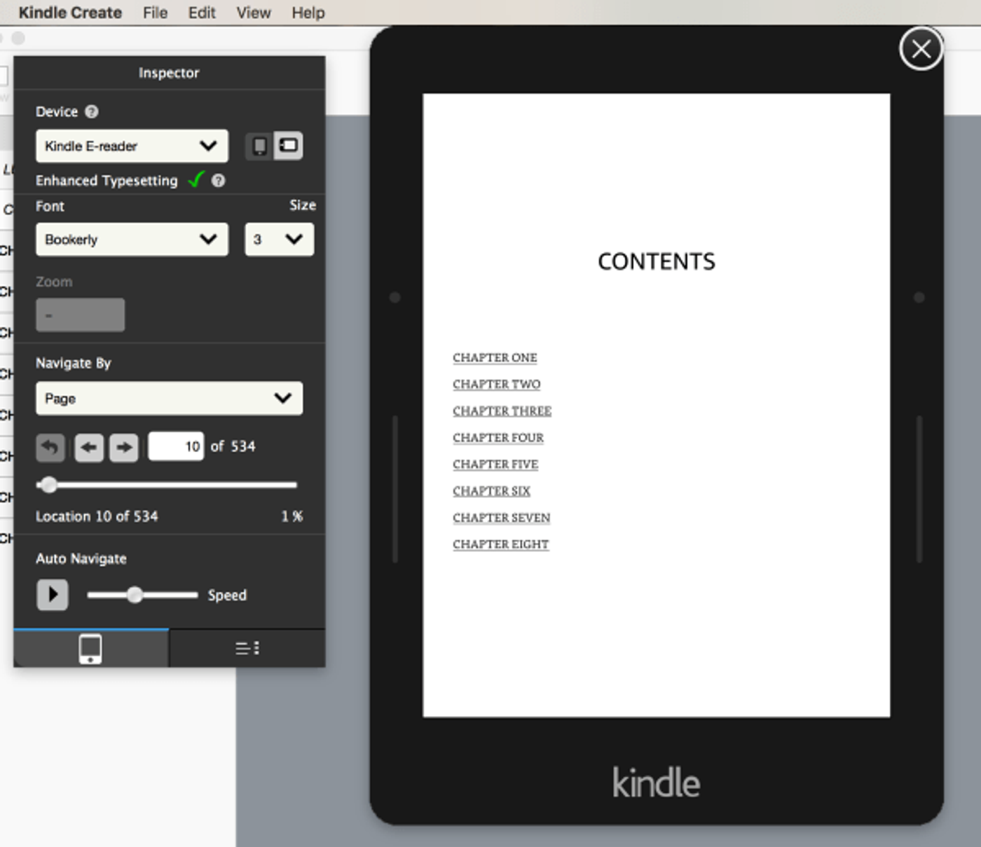 Kindle Create previewer showing the table of contents on a Kindle