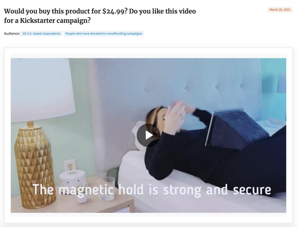 PickFu poll asking whether respondents would buy a magnetic phone mount after watching the Kickstarter video