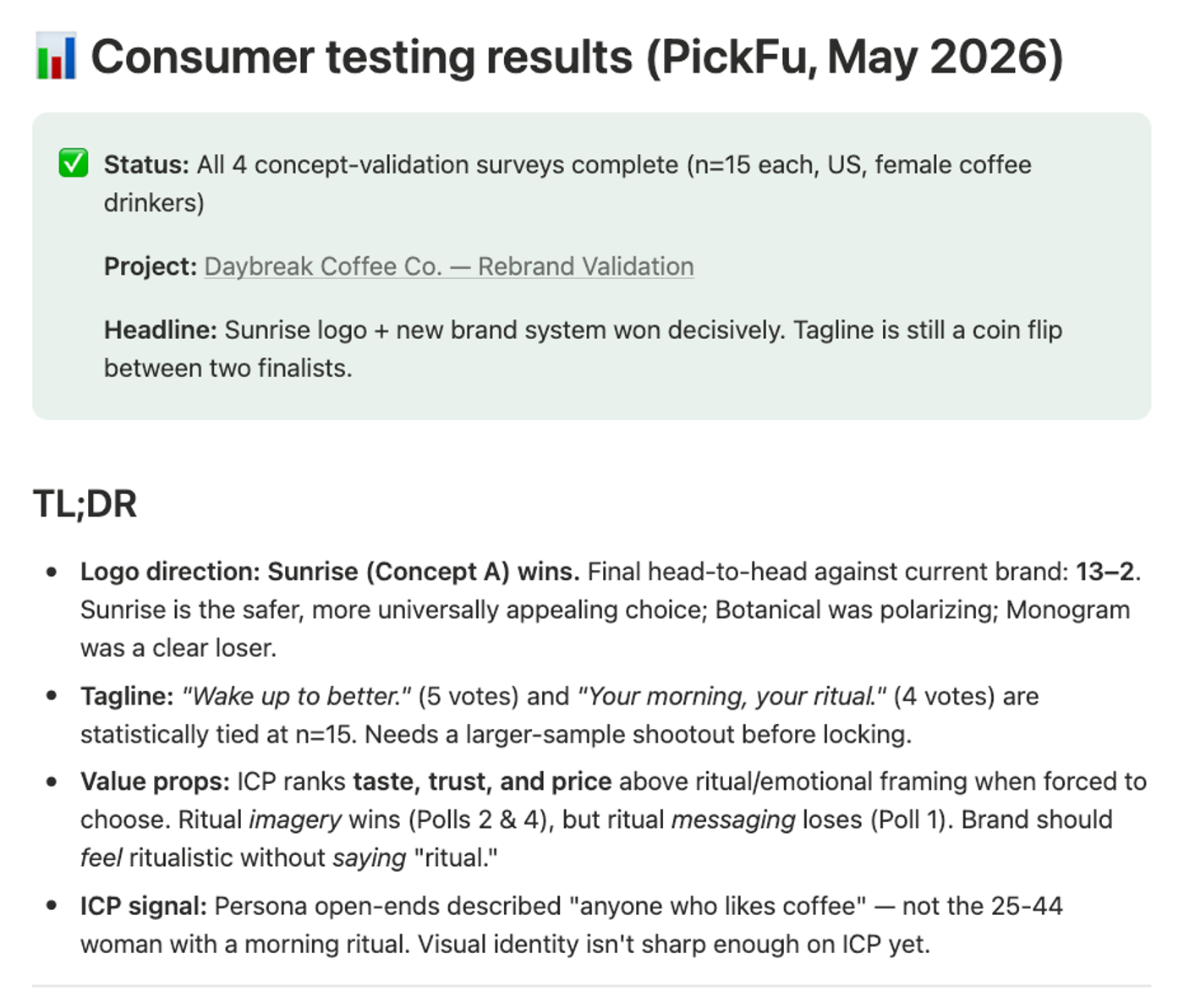 A summary of PickFu poll results inside Notion