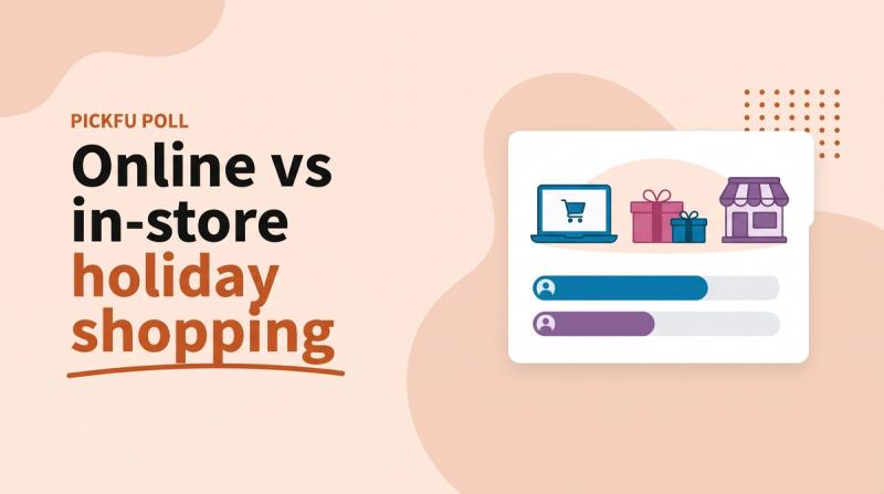 Illustrated title card labeled 'PickFu poll' reading 'Online vs in-store holiday shopping' beside a laptop with a cart, a storefront, gift boxes and poll bars