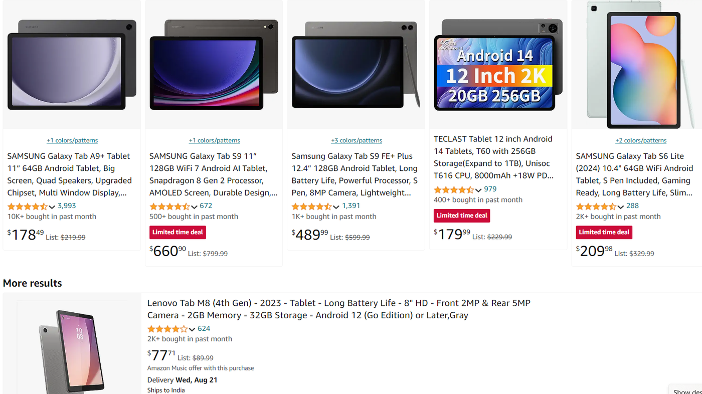 Amazon search page of different Galaxy tablets