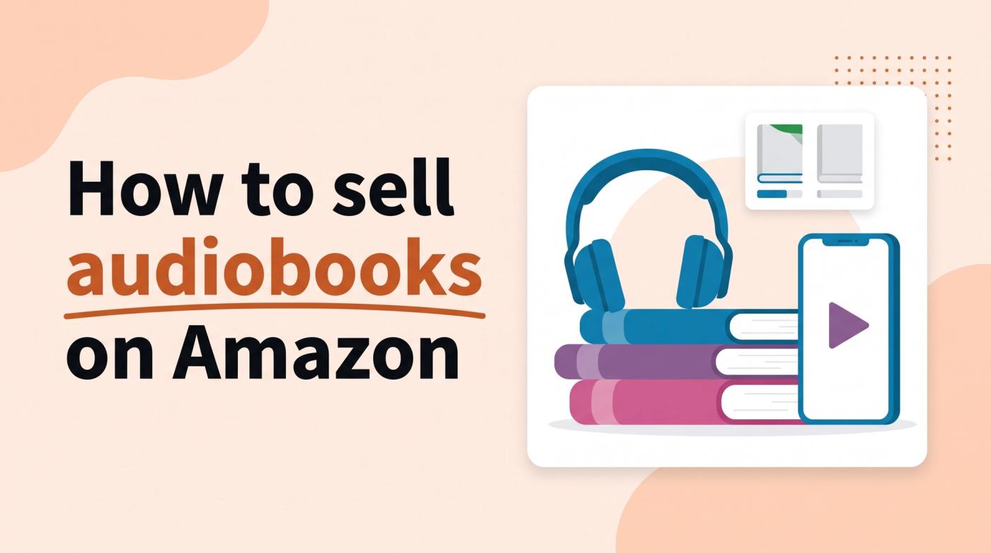 Illustrated title card reading 'How to sell audiobooks on Amazon' beside headphones, a stack of books, a phone with a play button and a poll card