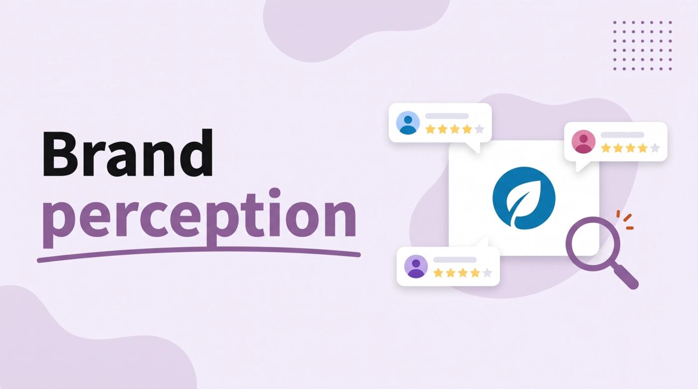 Illustrated title card reading 'Brand perception' beside a logo card surrounded by speech bubbles with star ratings and a magnifying glass