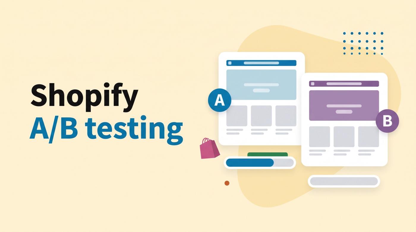 Illustrated title card reading 'Shopify A/B testing' beside two storefront page cards labeled A and B with vote bars and a shopping bag icon