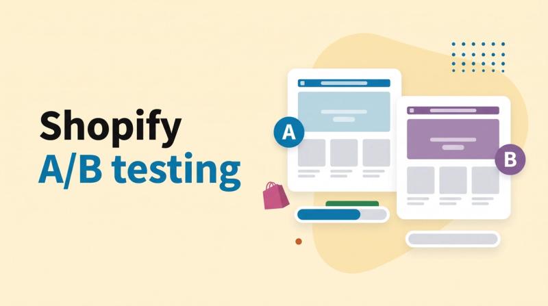 Illustrated title card reading 'Shopify A/B testing' beside two storefront page cards labeled A and B with vote bars and a shopping bag icon
