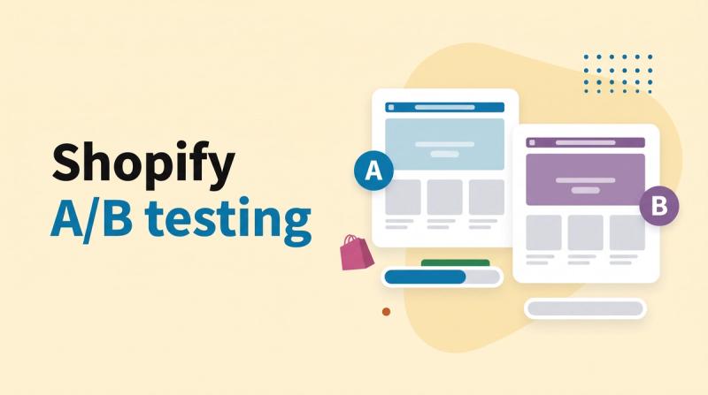 Illustrated title card reading 'Shopify A/B testing' beside two storefront page cards labeled A and B with vote bars and a shopping bag icon