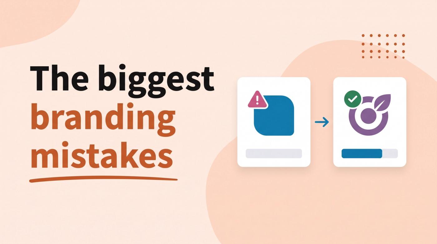 Illustrated title card reading 'The biggest branding mistakes' beside two logo cards, one flagged with a warning and one with a checkmark