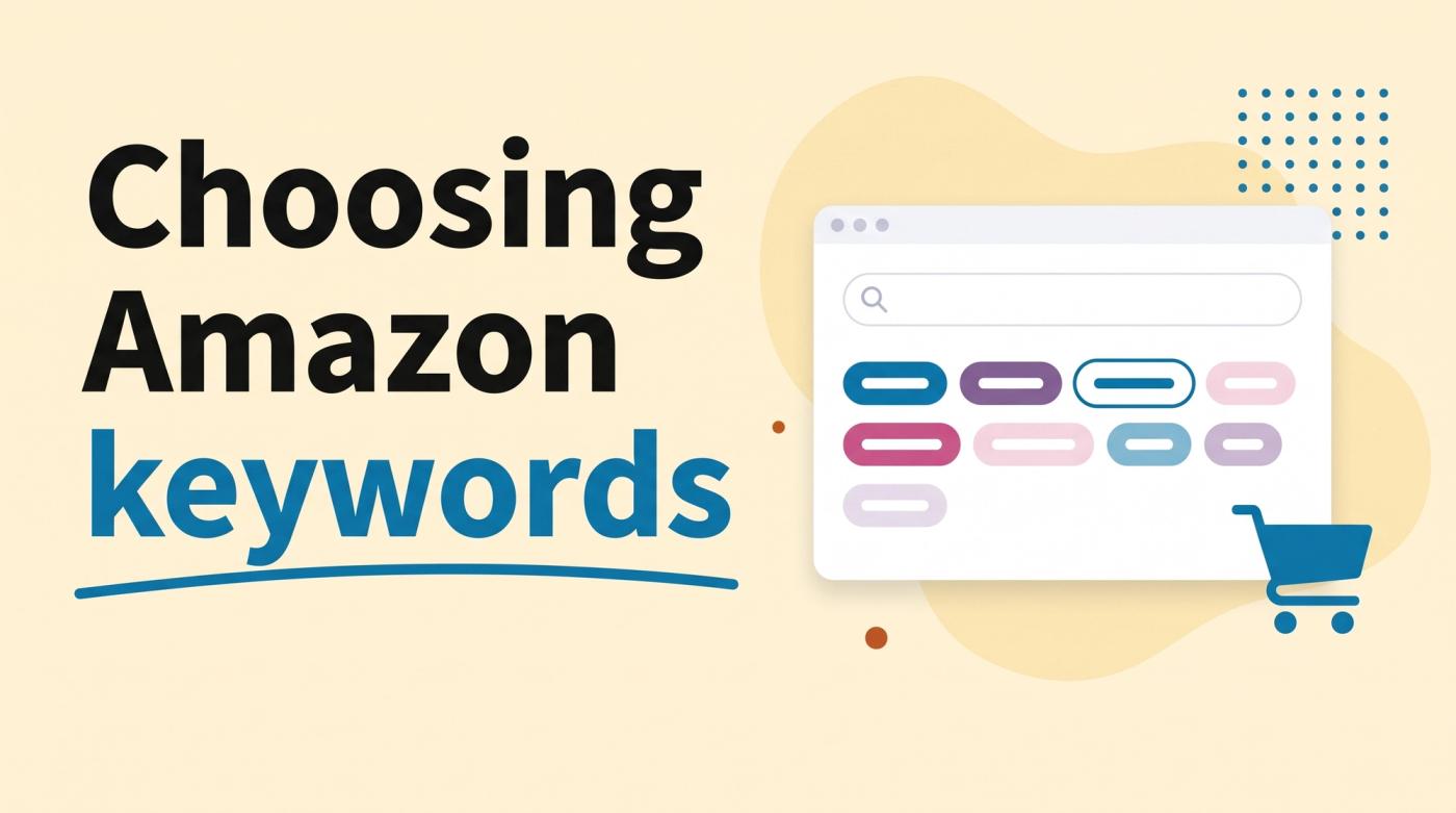 Illustrated title card reading 'Choosing Amazon keywords' beside a search bar window with tag chips and a magnifying glass
