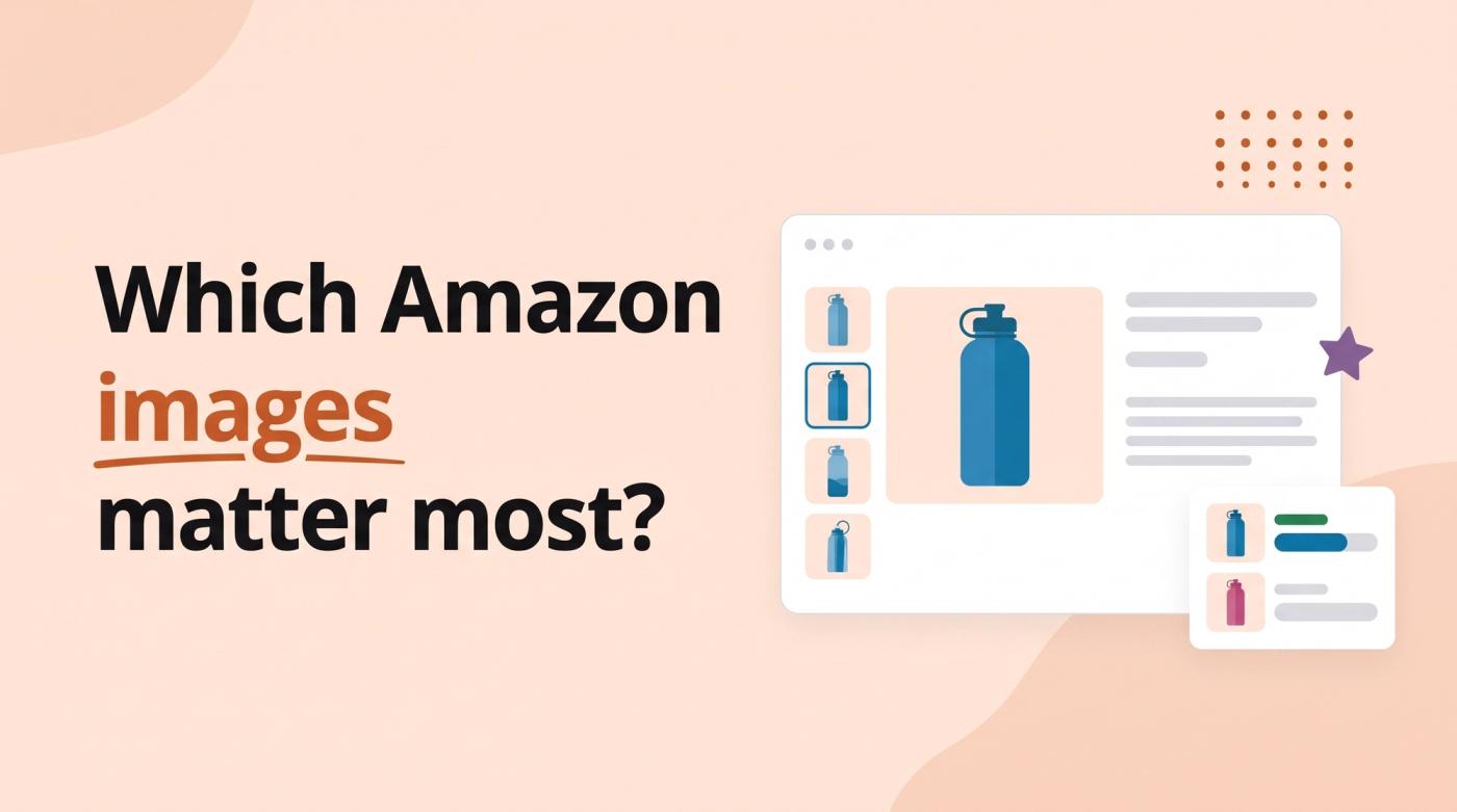 Illustrated title card reading 'Which Amazon images matter most?' beside a listing window with a main image, a column of thumbnails and vote bars