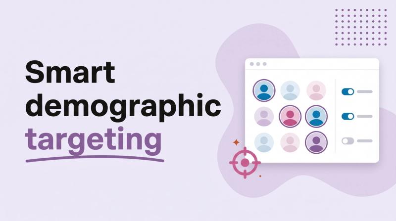 Illustrated title card reading 'Smart demographic targeting' beside a window of avatar circles with filter toggles and a target icon