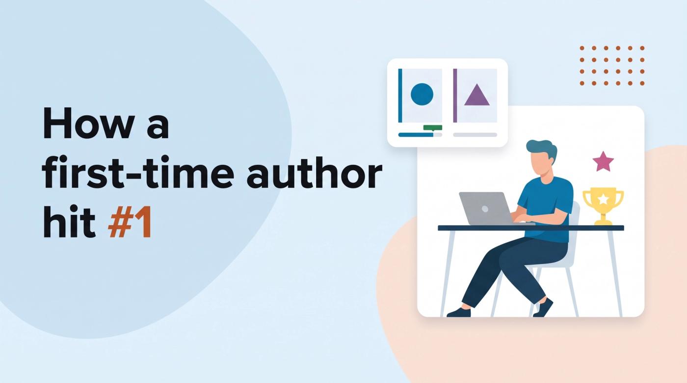 Illustrated title card reading 'How a first-time author hit #1' beside a person at a desk, two book cover cards with vote bars and a trophy icon