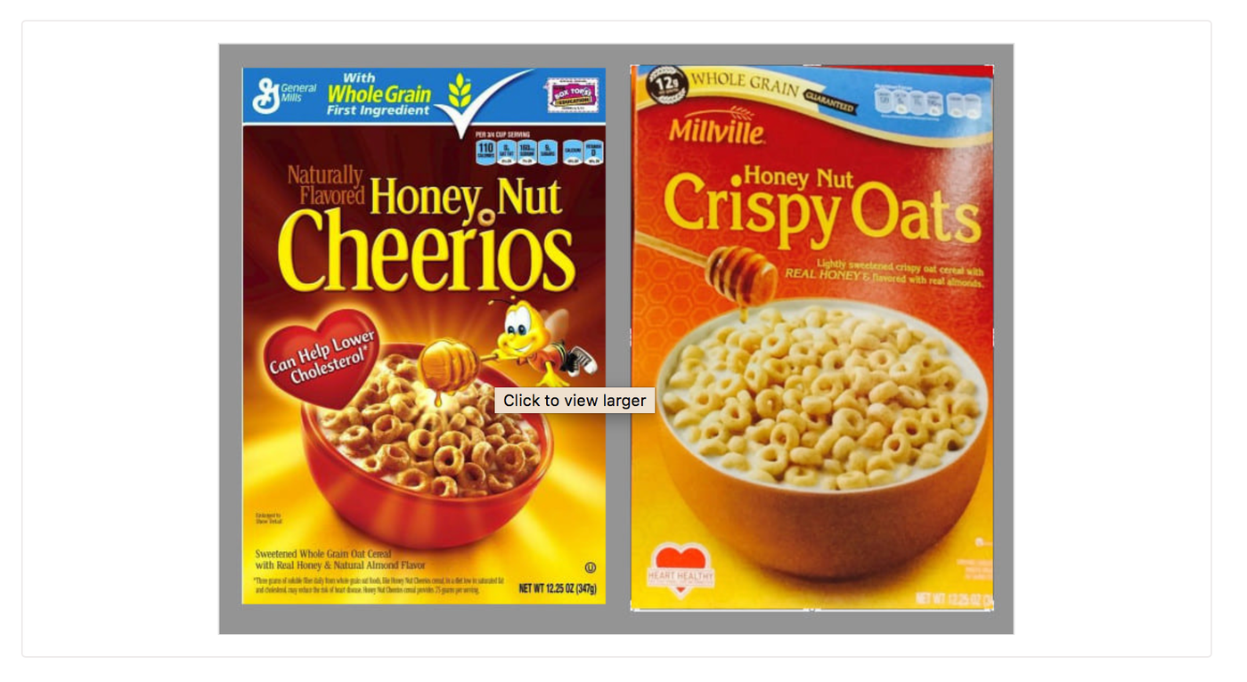 Screenshot comparing breakfast cereals
