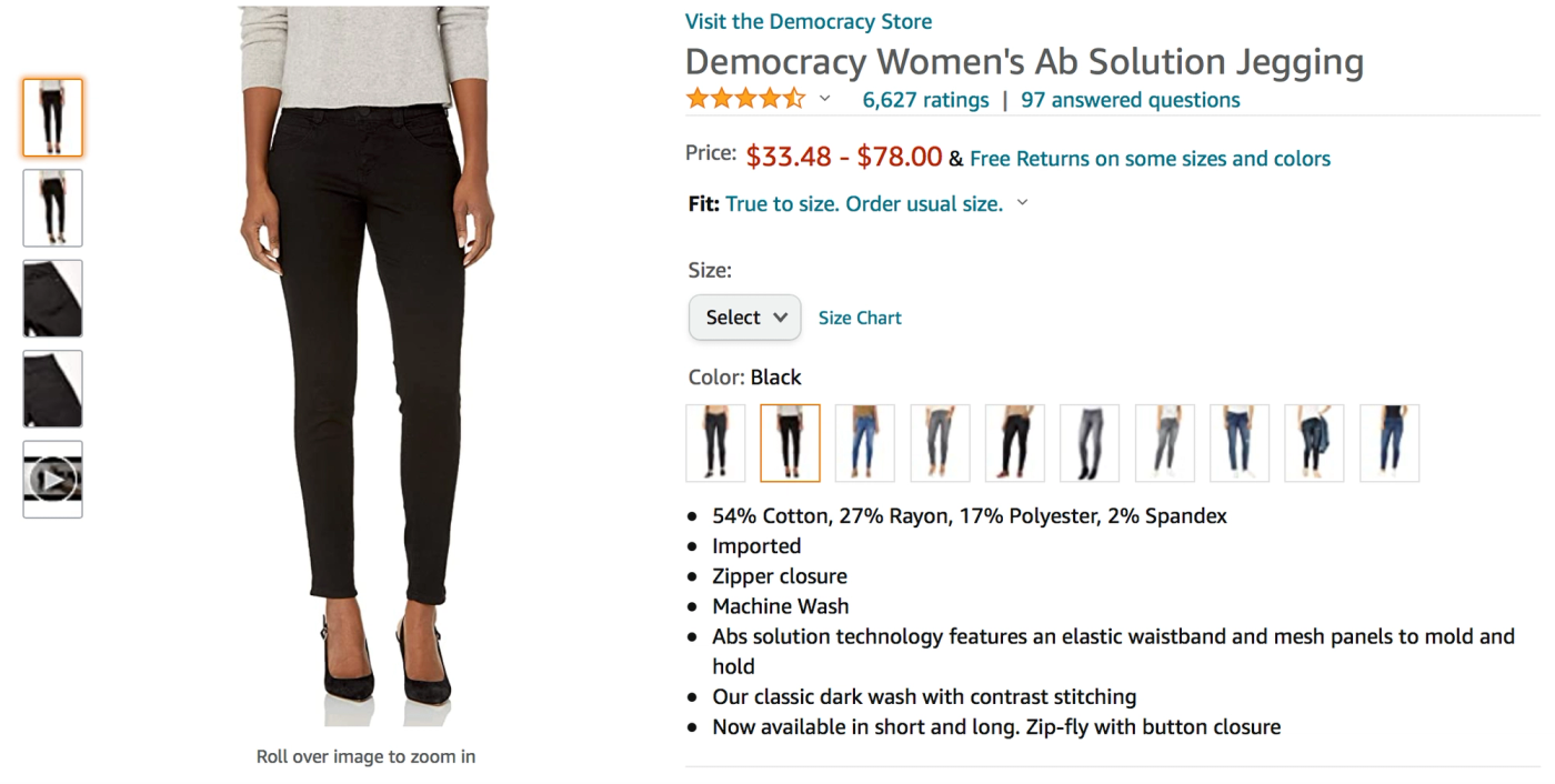 A woman models a pair of jeans from Democracy in a screen shot of an Amazon product