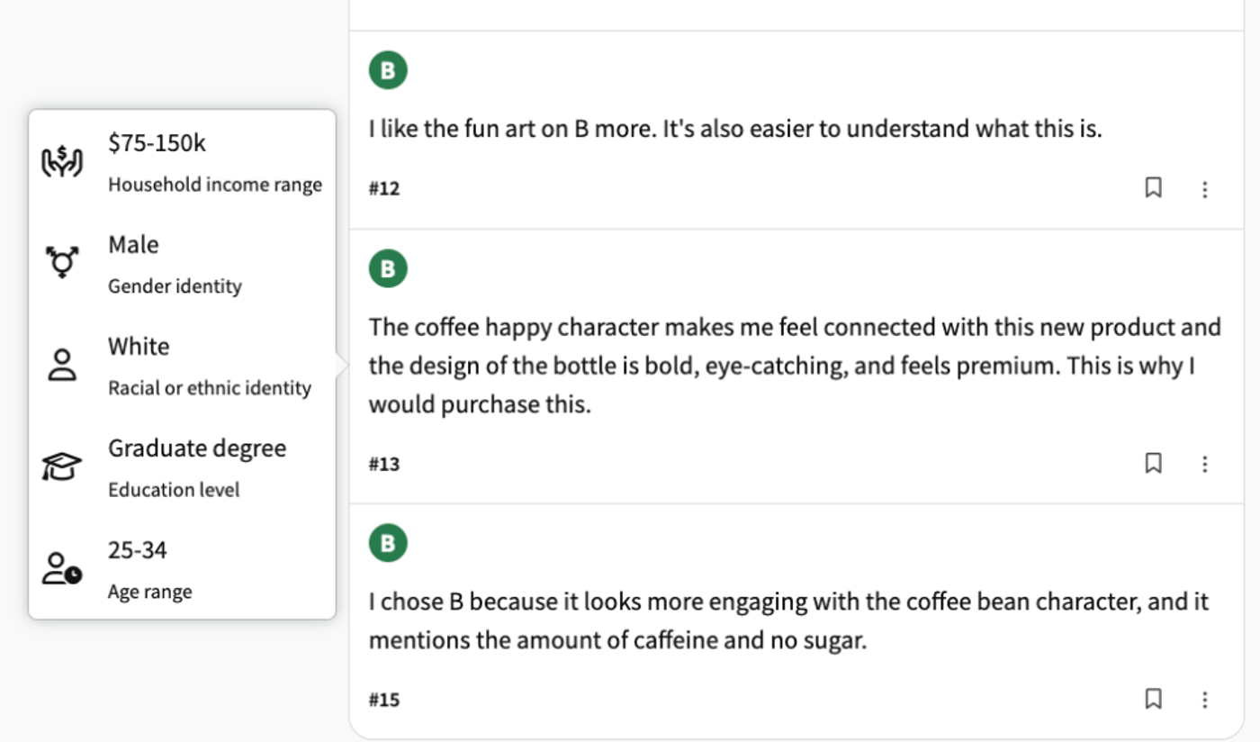 A few written responses from the audience in a PickFu survey