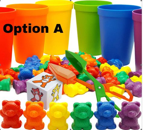 Option A: colourful plastic counting bears, cups and tweezers for a kids toy