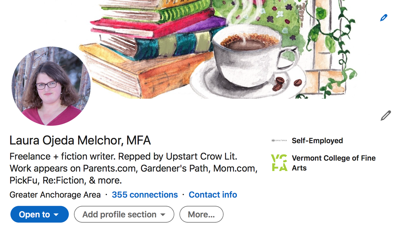 A screenshot of a writer's LinkedIn page with an updated cover photo