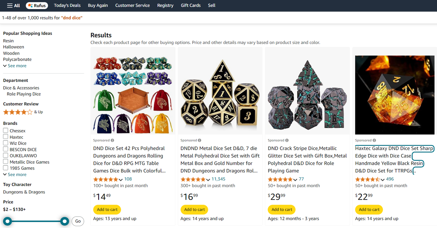 dnd dice search on Amazon product search which shows four sponsored ads.