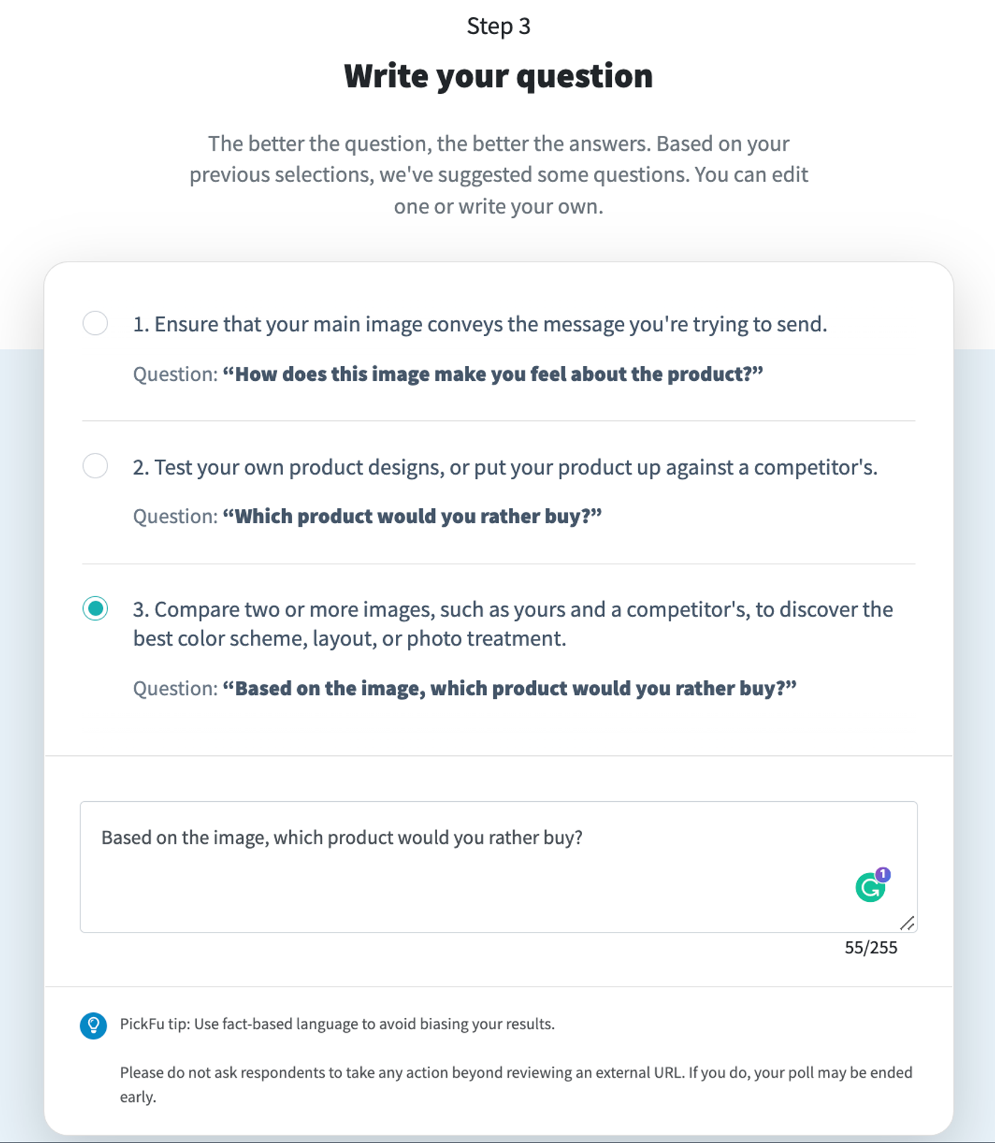 PickFu poll builder: choose or write your question screen