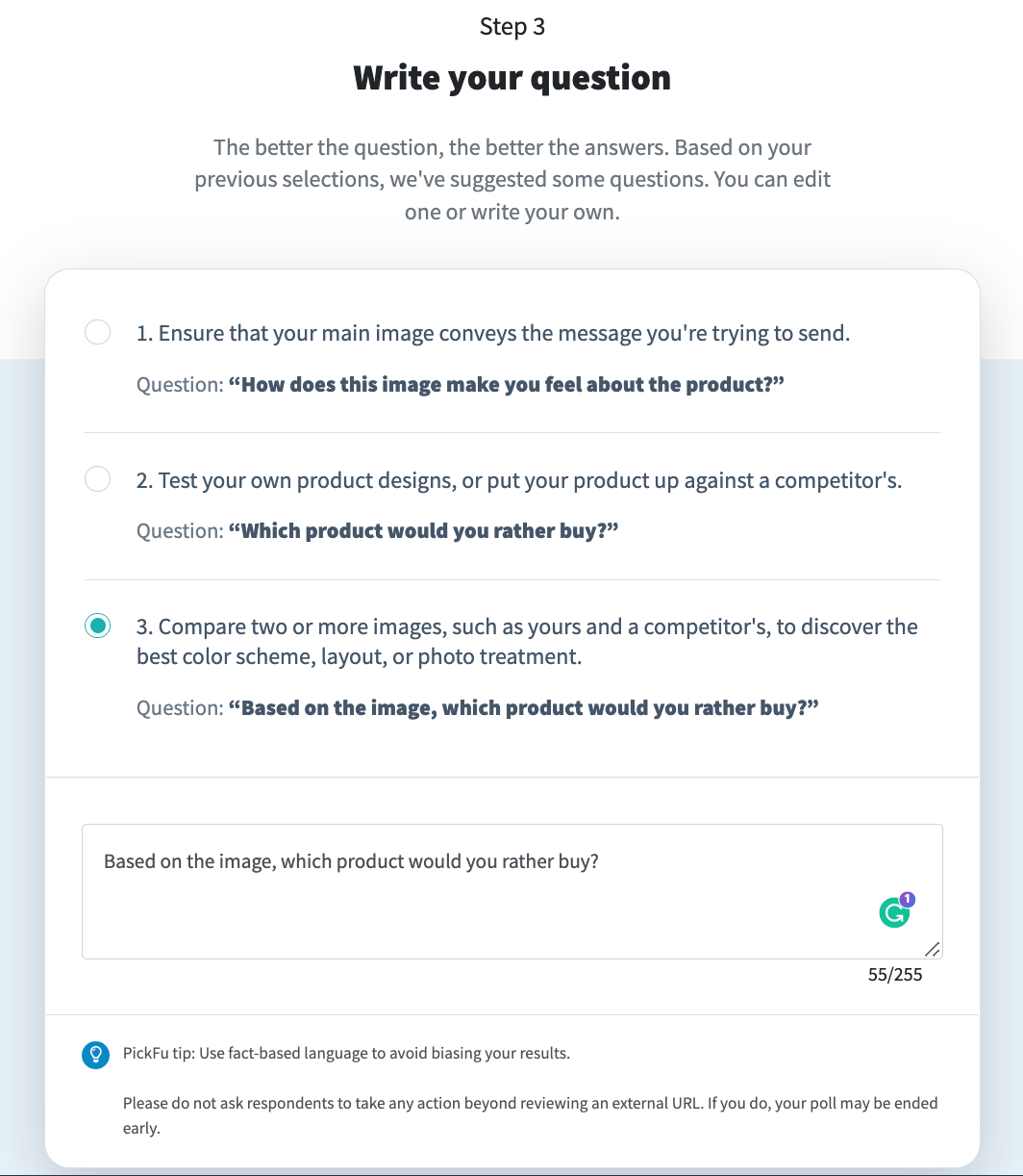 PickFu poll builder: choose or write your question screen