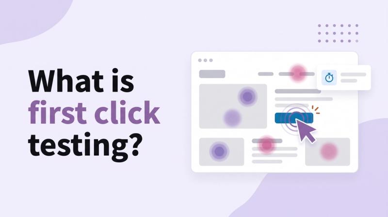 Illustrated title card reading 'What is first click testing?' beside a website wireframe with a cursor click ripple and heatmap dots