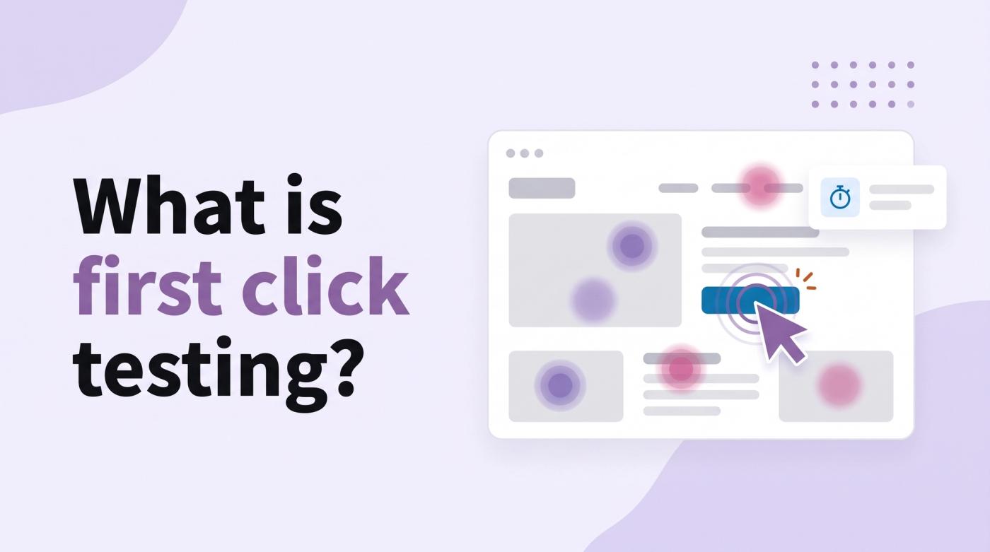 Illustrated title card reading 'What is first click testing?' beside a website wireframe with a cursor click ripple and heatmap dots