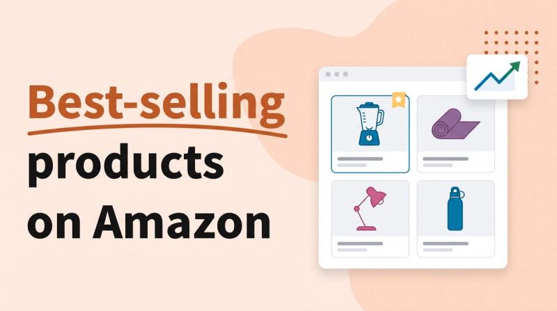 Illustrated title card reading 'Best-selling products on Amazon' beside a product grid with a star badge and a rising chart