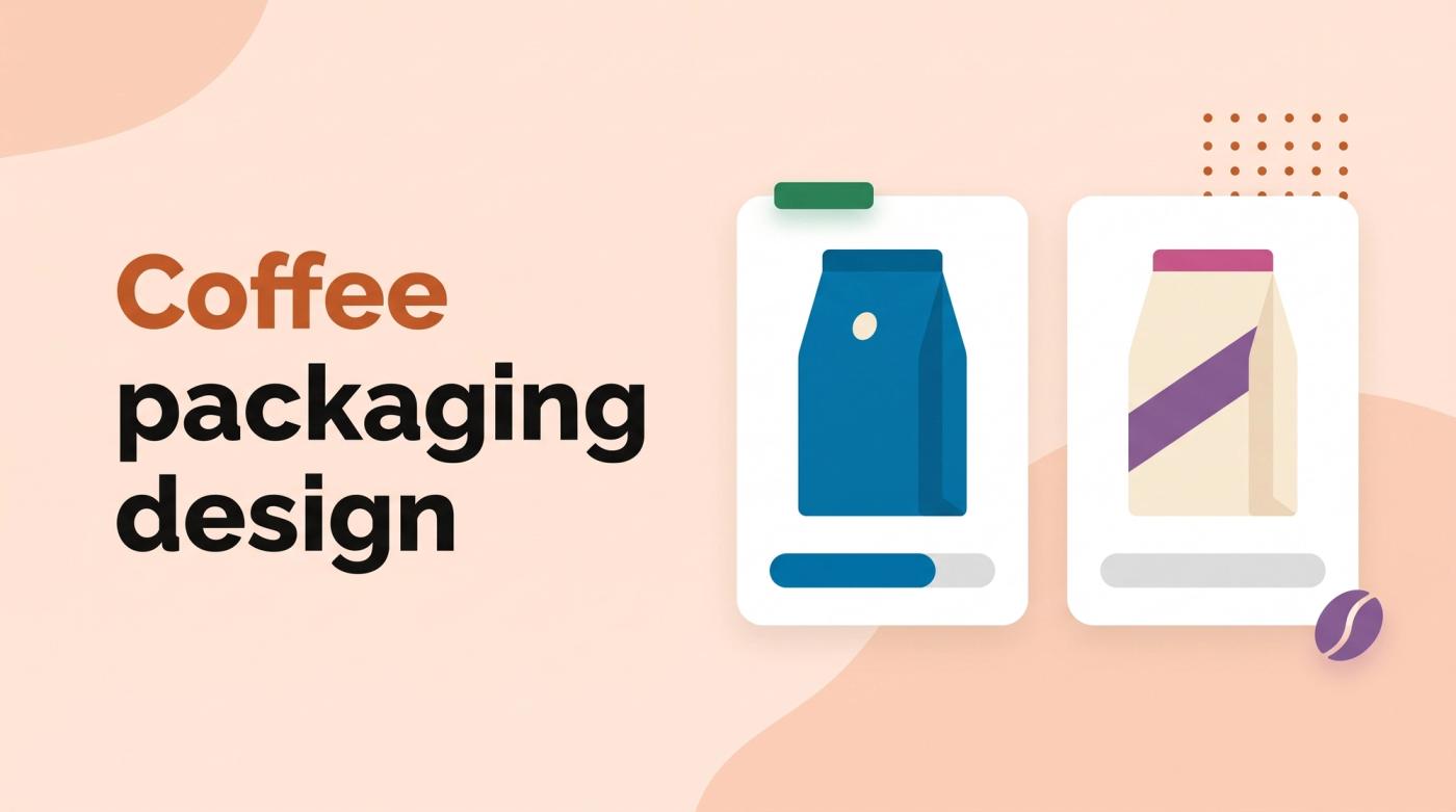 Illustrated title card reading 'Coffee packaging design' beside two coffee bags with abstract label marks and vote bars