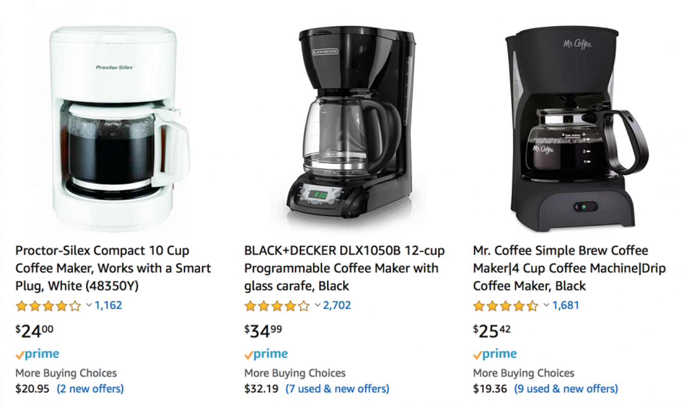 Amazon search results for coffee makers
