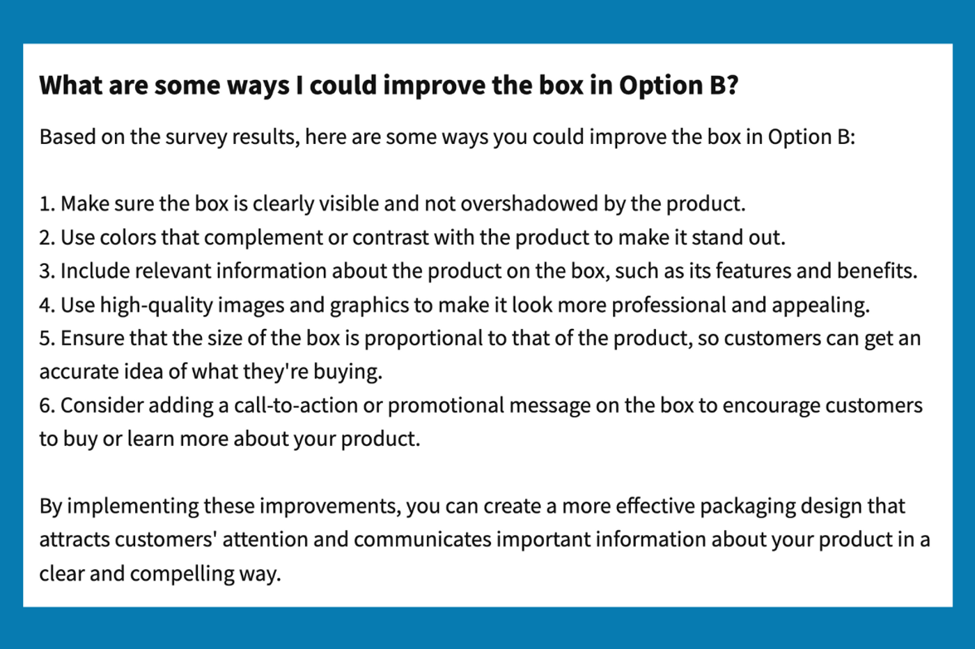 Ask AI Labs for suggestions on what to improve about your product or design based on audience feedback in PickFu