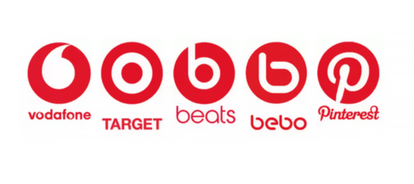 Five similar red circular logos side by side: Vodafone, Target, Beats, Bebo and Pinterest