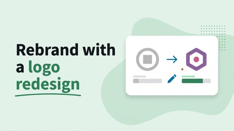Illustrated title card reading 'Rebrand with a logo redesign' beside a before-and-after pair of abstract logo marks with an arrow and vote bars