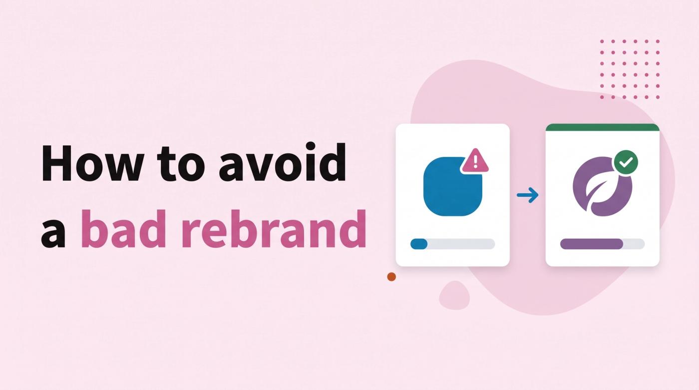 Illustrated title card reading 'How to avoid a bad rebrand' beside two logo cards, one flagged with a warning icon, and vote bars