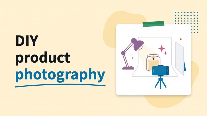 Illustrated title card reading 'DIY product photography' beside a phone on a tripod photographing a candle on a small backdrop