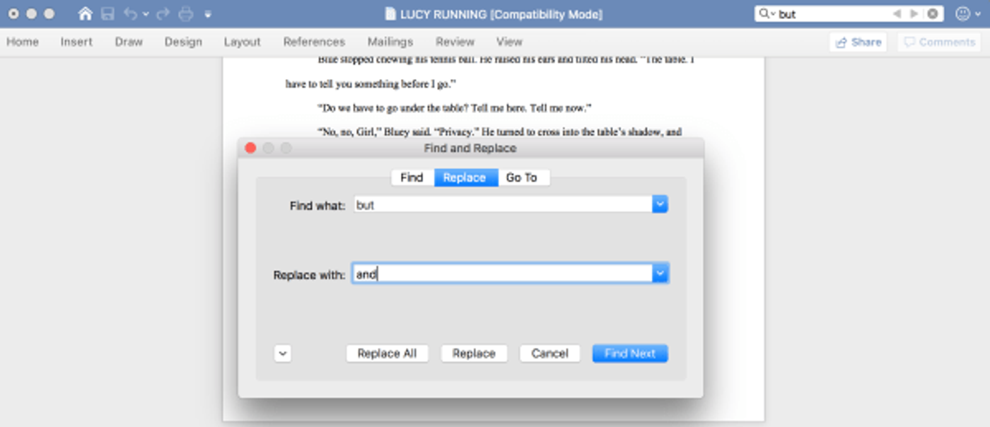 Microsoft Word Find and Replace dialog over a manuscript