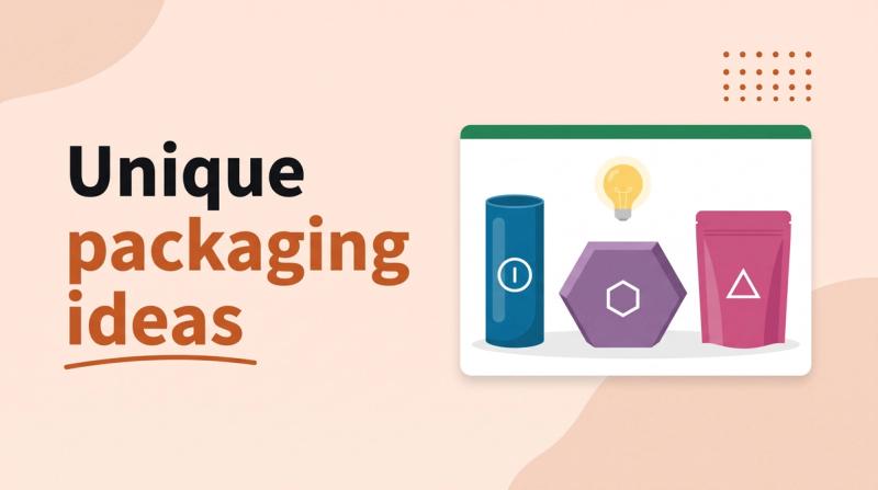 Illustrated title card reading 'Unique packaging ideas' beside three unusual package shapes in brand colors and a lightbulb
