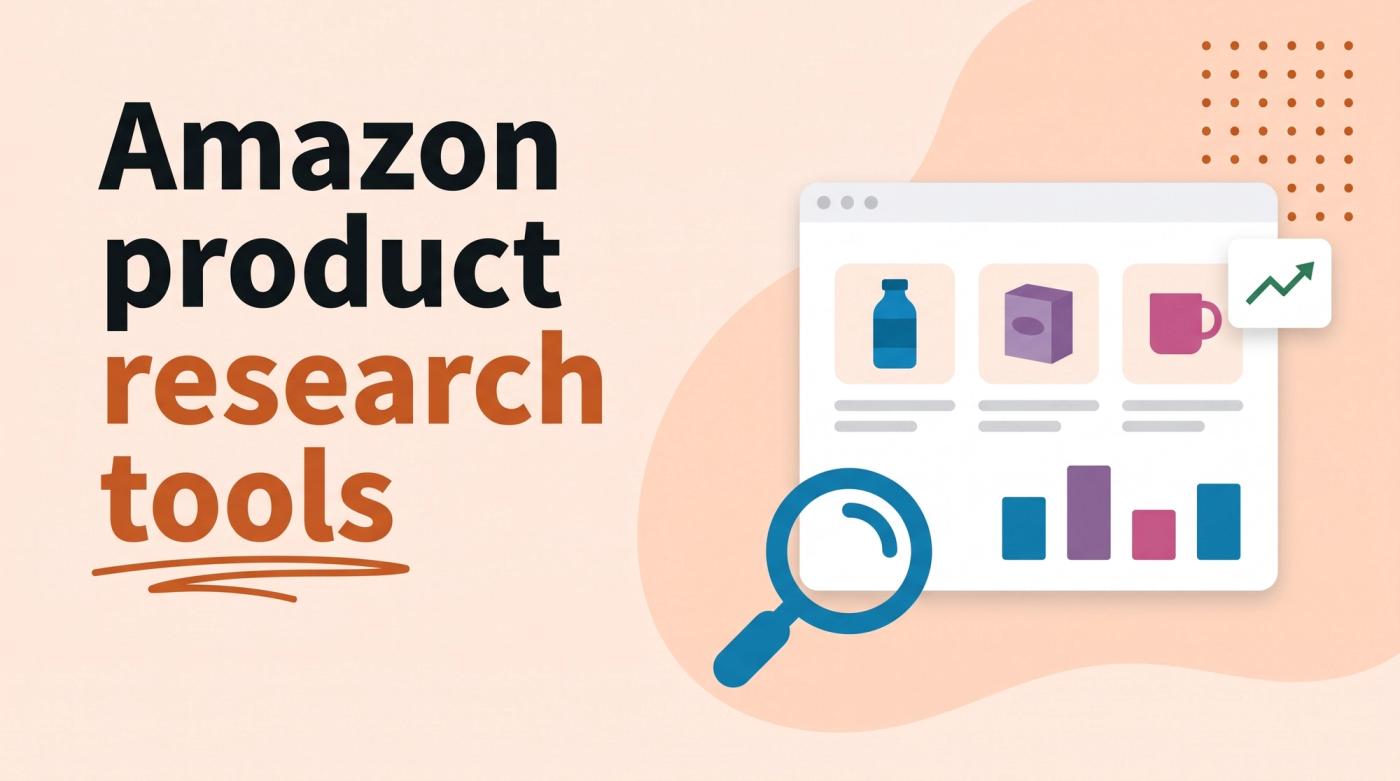 Illustrated title card reading 'Amazon product research tools' beside an app window with a magnifying glass over product tiles and a bar chart card