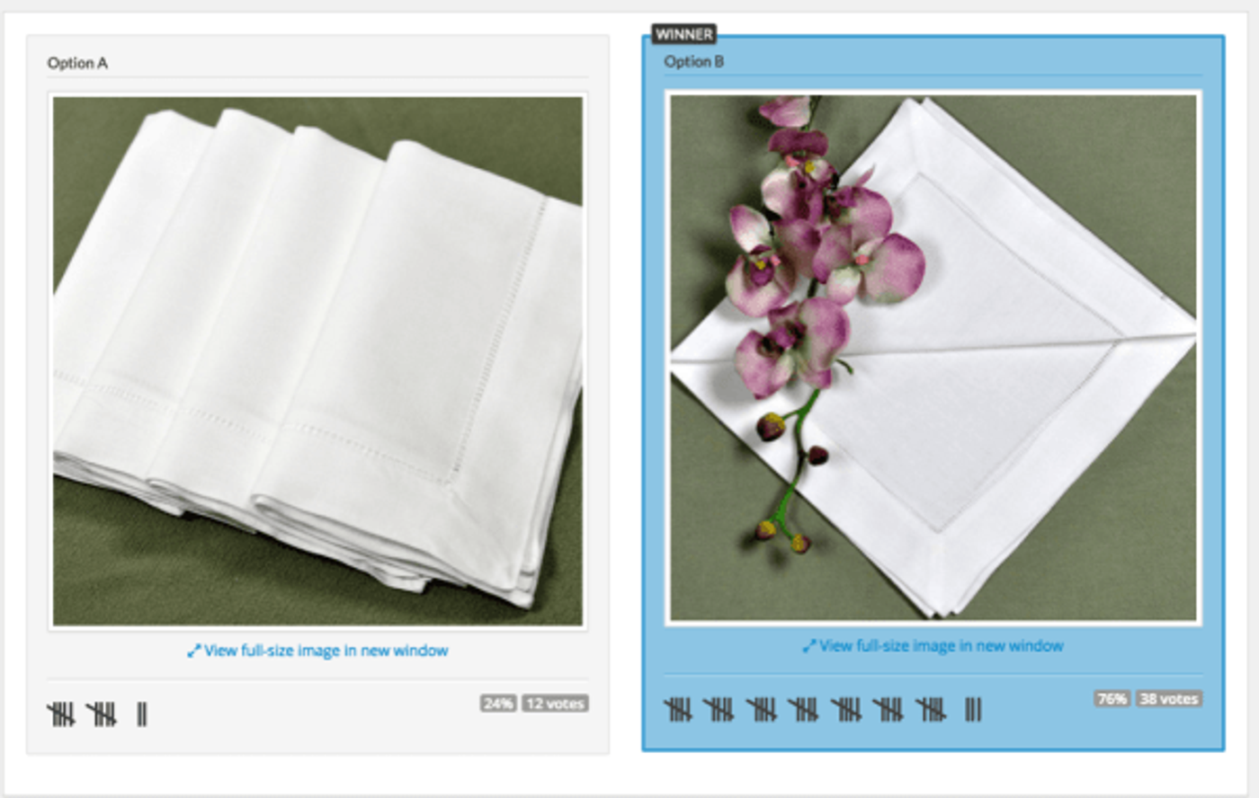 PickFu poll comparing two Bumblebee Linens napkin photos, plain and styled