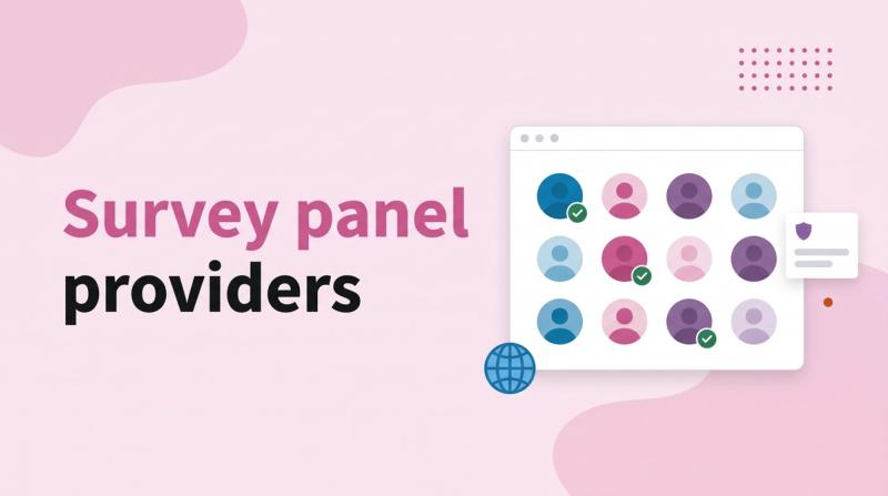 Illustrated title card reading 'Survey panel providers' beside a window with an avatar grid, a globe icon and checkmarks