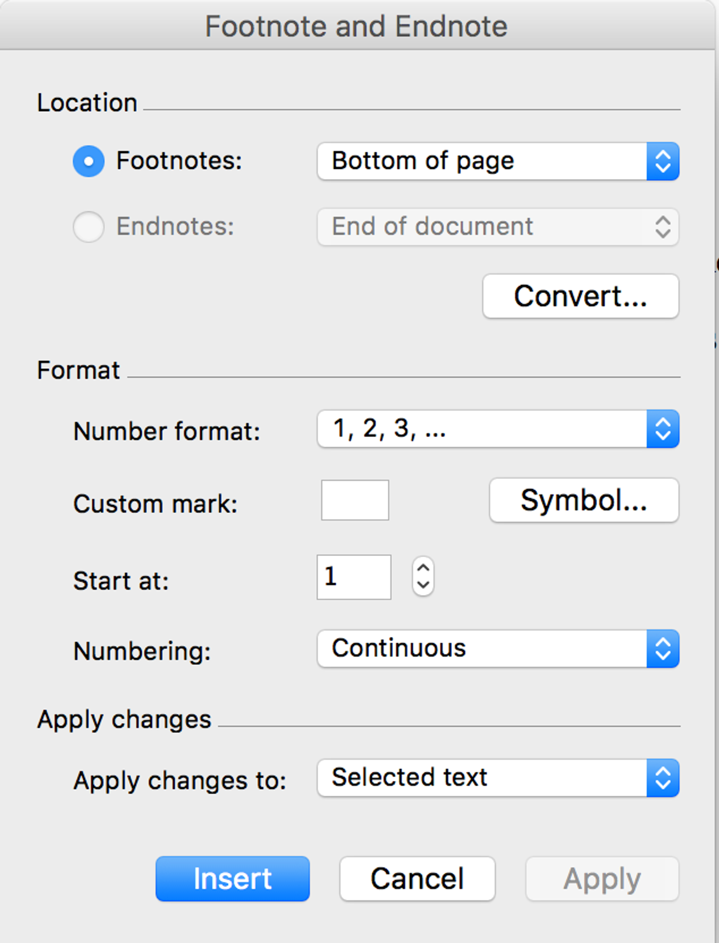 Microsoft Word Footnote and Endnote dialog