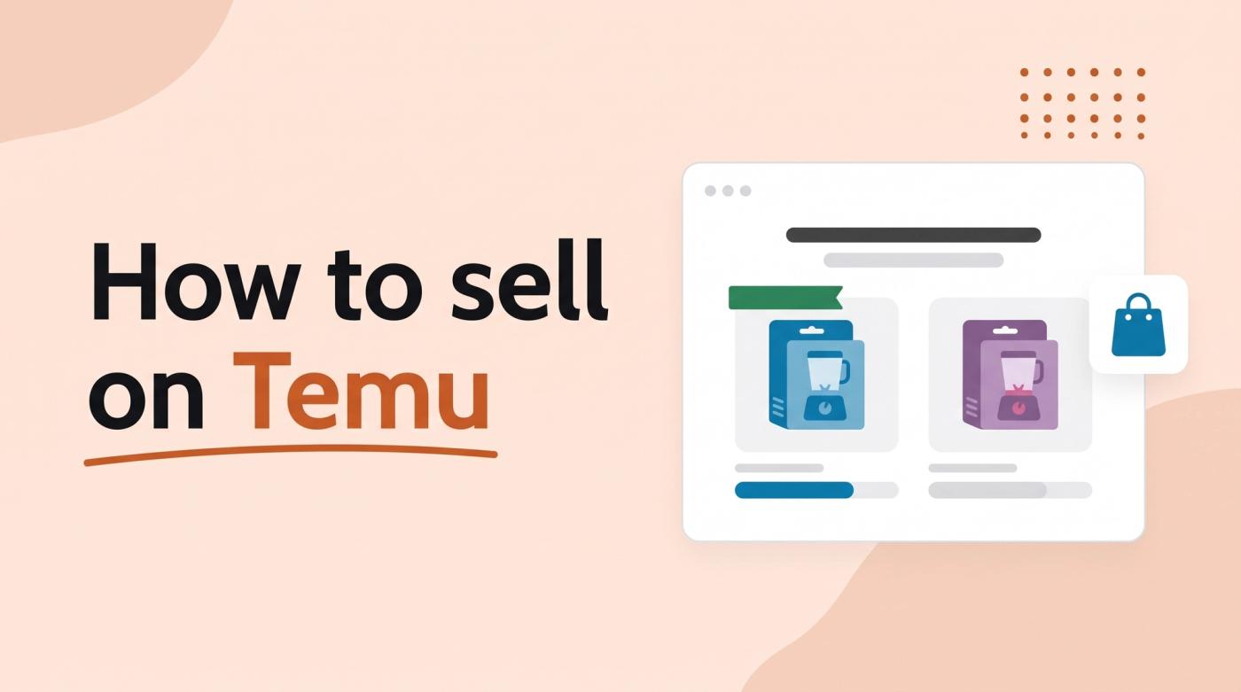Illustrated title card reading 'How to sell on Temu' beside a poll mockup comparing two packaging variants of a kitchen gadget