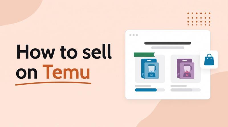 Illustrated title card reading 'How to sell on Temu' beside a poll mockup comparing two packaging variants of a kitchen gadget