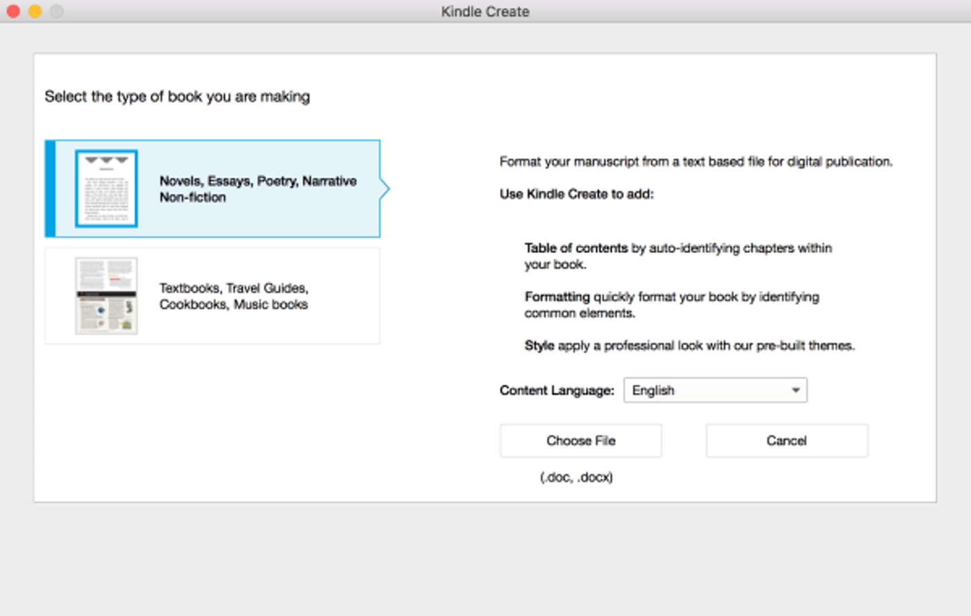 Kindle Create choose book type dialog