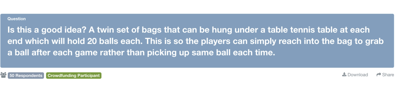 PickFu and crowdfunding: example of a PickFu poll asks respondents if a table tennis product is a good idea
