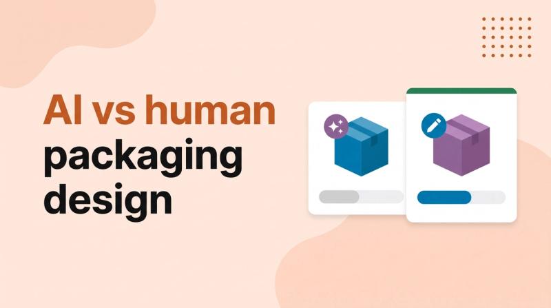 Illustrated title card reading 'AI vs human packaging design' beside two package cards, one marked with a sparkle and one with a pencil, with vote bars