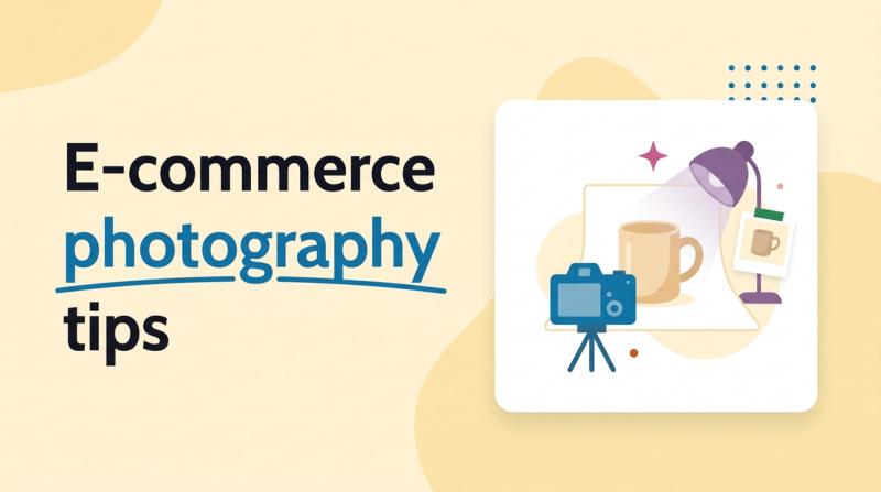 Illustrated title card reading 'E-commerce photography tips' beside a camera, a mug on a small backdrop and a photo card